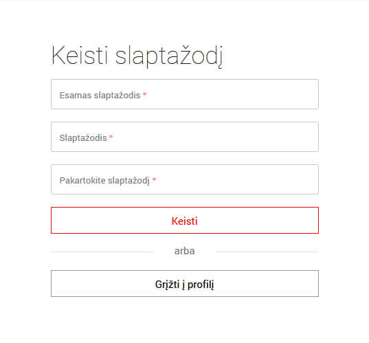 Atsivėrusioje kortelėje viršutinėje dalyje suveskite savo šiuo metu galiojantį slaptažodį. Antroje eilutėje suveskite naują slaptažodį. Trečioje eilutėje pakartokite naują slaptažodį ir paspauskite mygtuką „Keisti“.